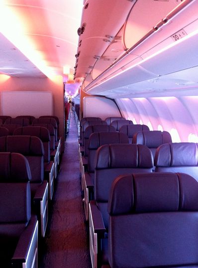 The primrose mood lighting in Virgin's new A330 welcomes you upon boarding.. Maxine Sheppard