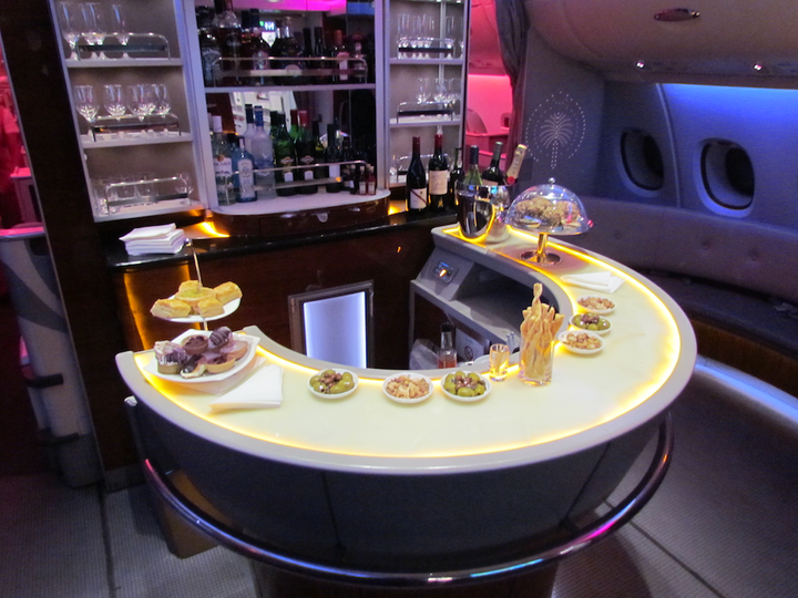 Emirates' inflight business class bar is a real draw on its A380 flights.