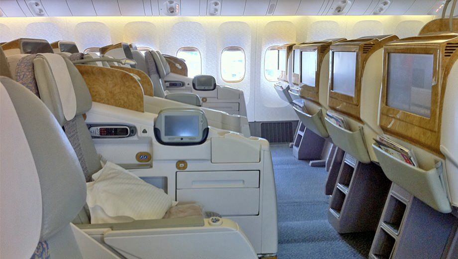 The seven-across, angled lie-flat seats on even the long-haul version of the 777 are a far cry from the A380.