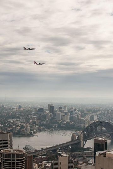Flying high over Sydney Harbour. Qantas