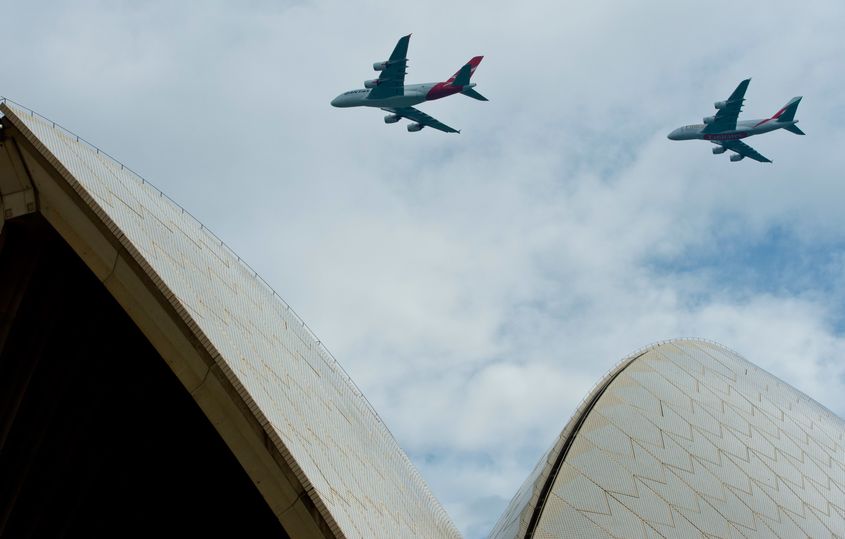 Over the iconic sails of the Opera House. James Morgan/Qantas