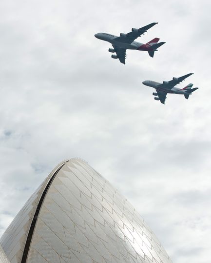 Over the iconic sails of the Opera House. James Morgan/Qantas