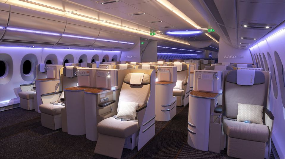 The business class cabin in one of the two passenger-rated Airbus A350 test aircraft