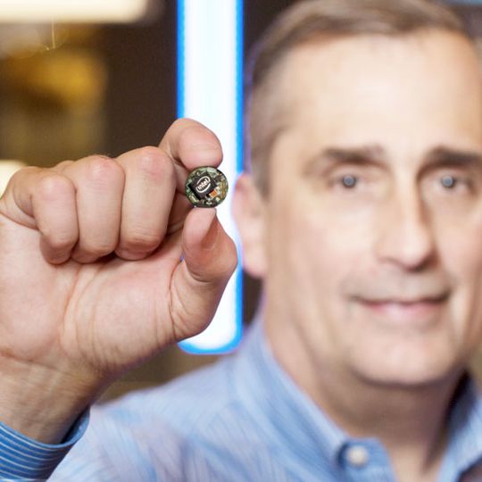 Intel CEO Brian Krzanich with the company's tiny Curie module