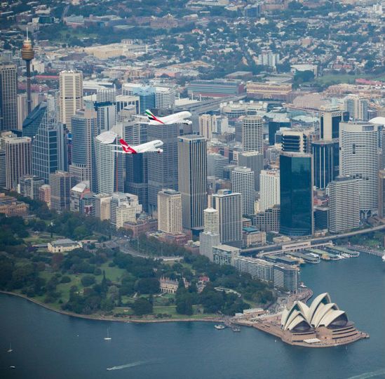 A dual A380 flyover of Sydney to mark the launch of the alliance