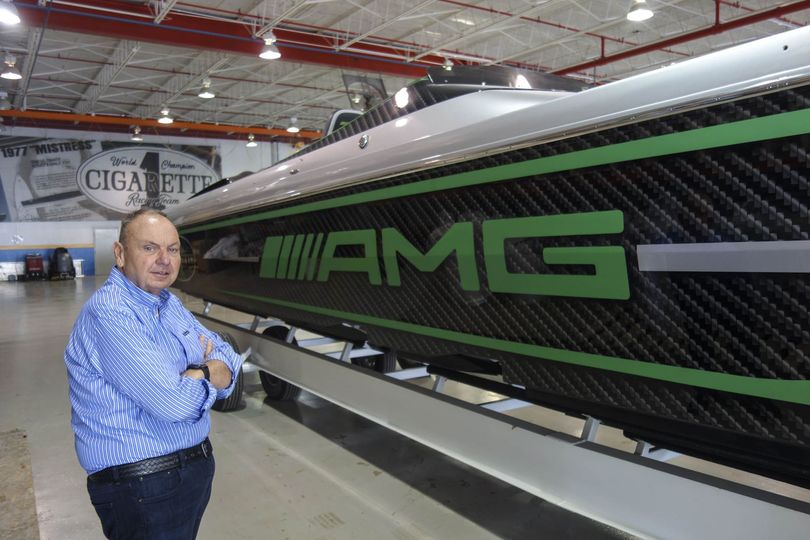 Chief Executive Officer Skip Braver, in Cigarette Racing’s Miami factory.. Hannah Elliott/Bloomberg