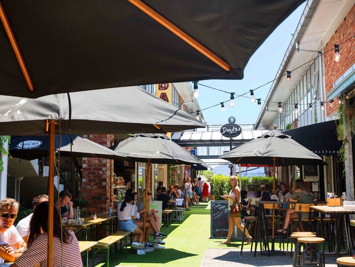 The many restaurants of Ponsonby Central on a sunny day in Auckland.