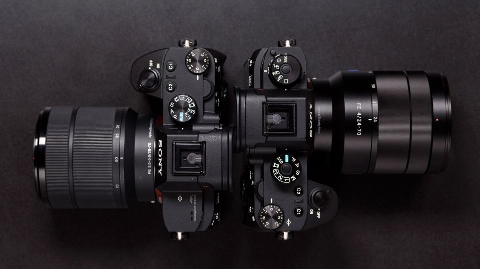 The Sony Alpha a7 III, left, and the Sony Alpha a9 digital cameras.