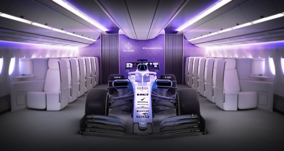 The coolest middle seat in the sky: JPA Design business class seats frame the ROKiT Williams Racing FW42.