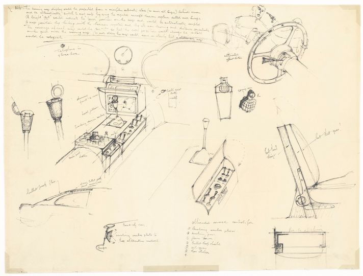 An original production sketch for 007's gadget-packed Aston Martin