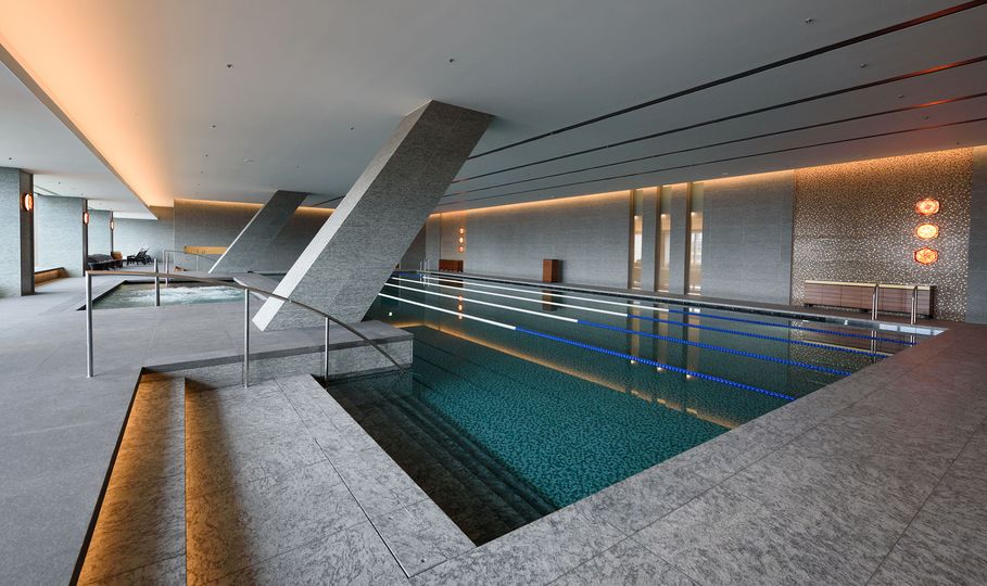 The hotel’s swimming pool is part of a two-floor fitness and spa complex.