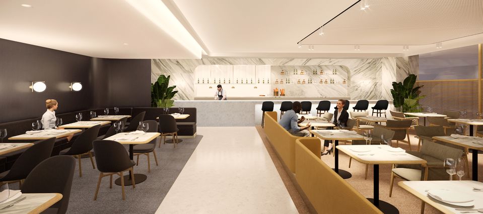 The dining room and open kitchen of the coming-soon Qantas Singapore First lounge.