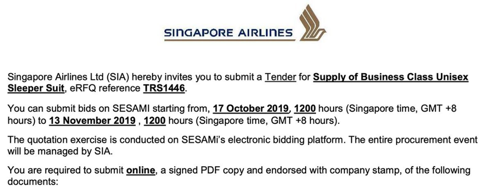 Singapore Airlines is shopping around for business class pyjamas...