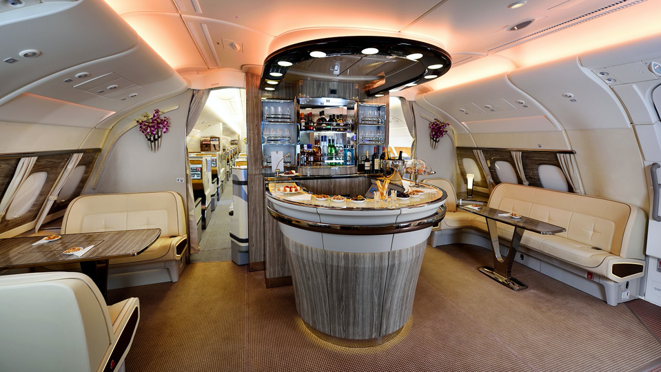 Emirates' second-generation Airbus A380 inflight bar and lounge.