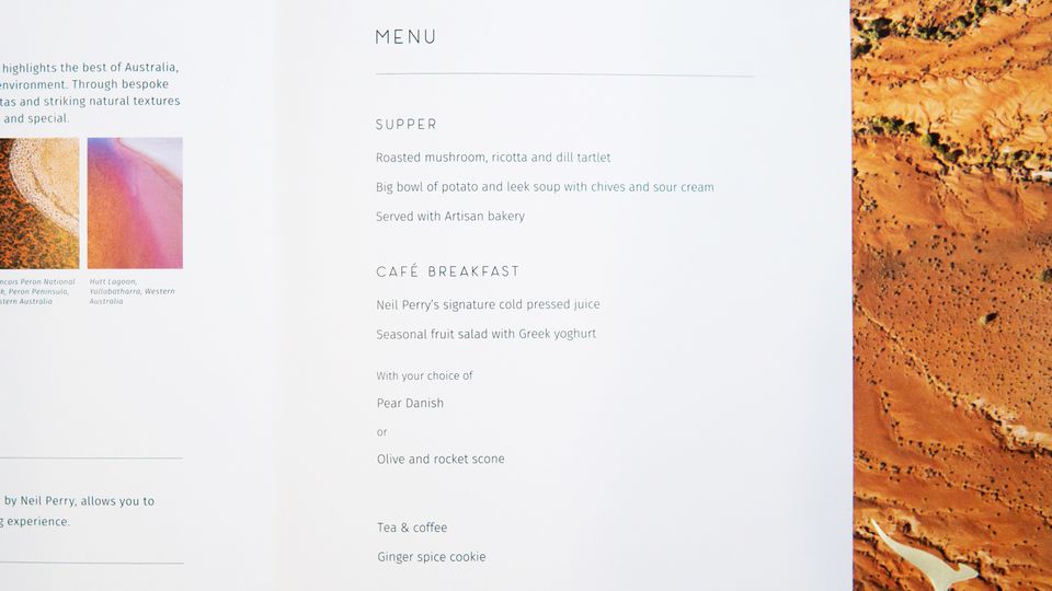 Qantas supper (overnight) menu on a Perth to Melbourne business class flight.