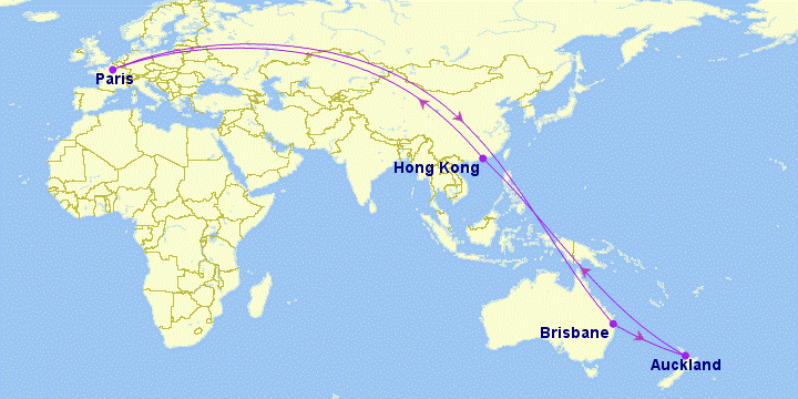Virgin Australia's circuitous route from Brisbane to Paris and back.