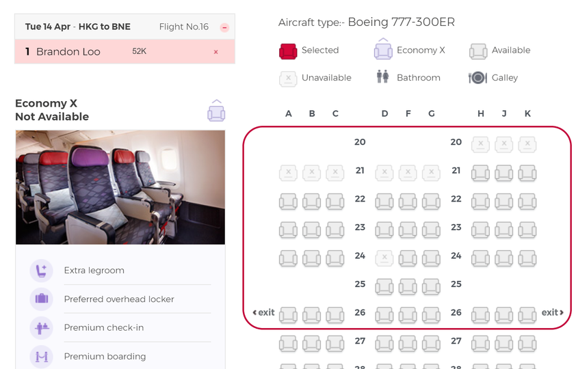 Choose extra-legroom seats in the Economy X section (circled) for free.