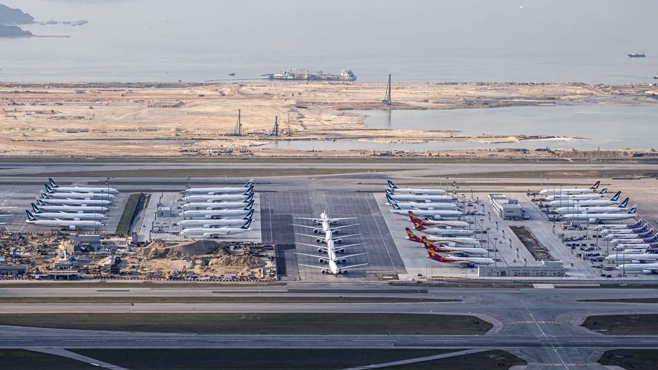 Scores of aircraft sitting idle at Hong Kong.