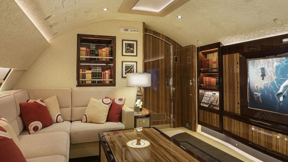 This particular living room is found upstairs, in the 'hump' of the BBJ 747-8i.