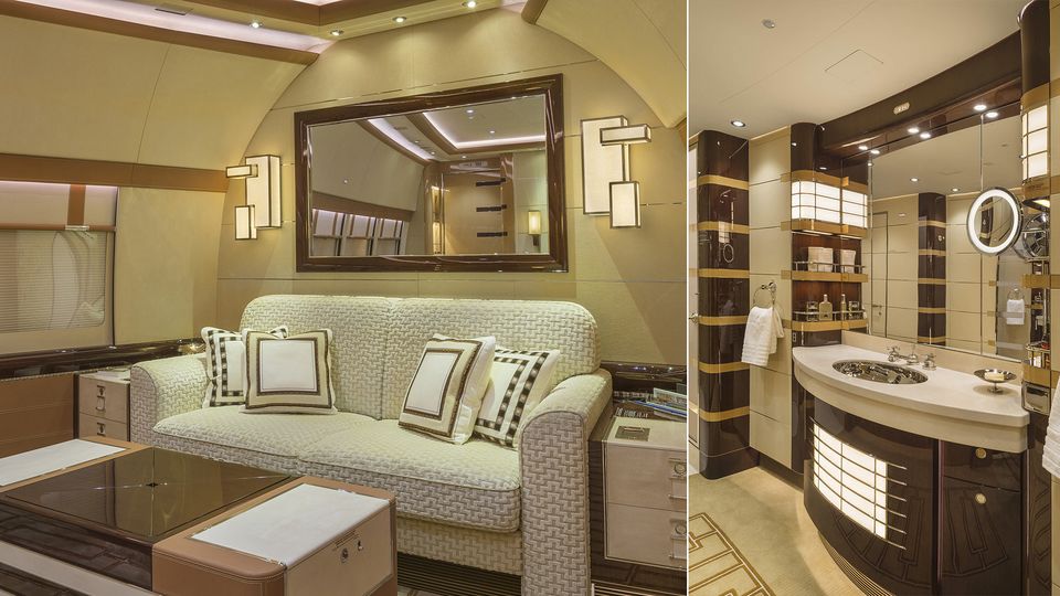 The master bedroom (L) and bathroom (R) is found in the nose of the plane.