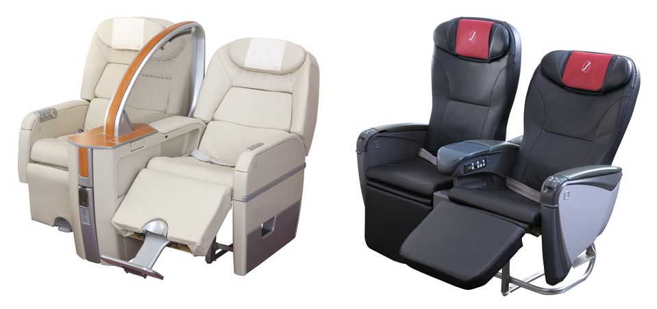 Japan Airlines' domestic Boeing 777 first class (left) and Class J (right) seats.