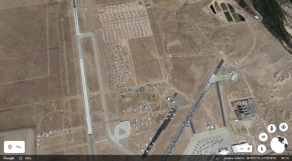 Google Earth provides a bird's-eye view of Qantas' Airbus A380s in storage.