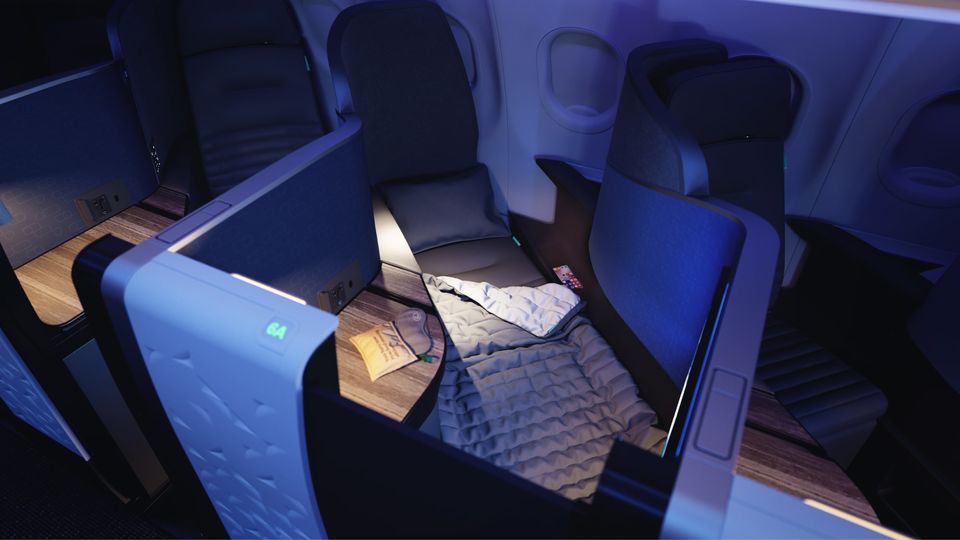 Snug as a bug in a five-star rug: bedding down in JetBlue's Airbus A321LR Mint cabin.