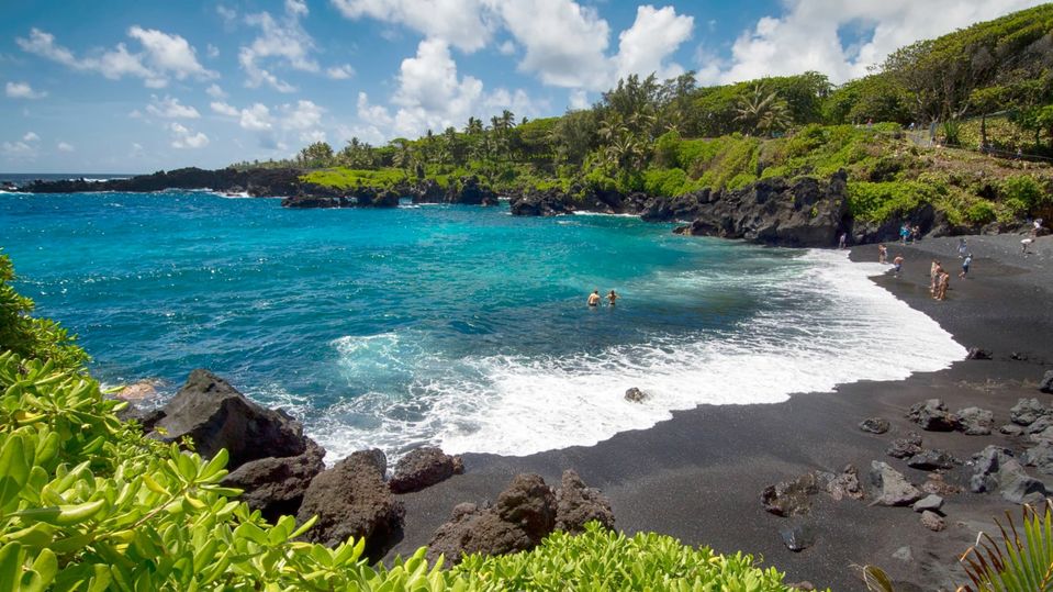 Maui’s famous black sand beaches at Wai'anapanapa State Park.