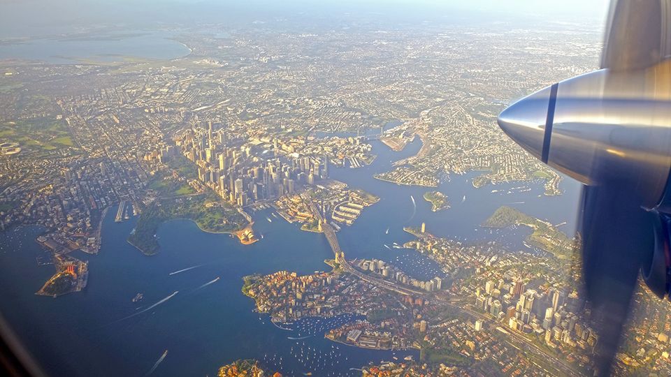Passengers are treated to a great view of Sydney Harbour on descent