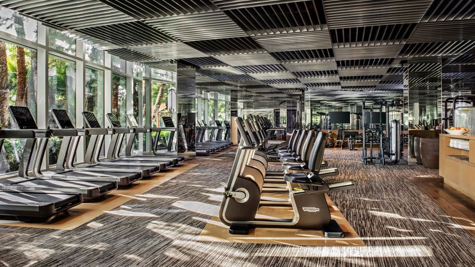 Aria's fitness centre features a rock climbing wall.