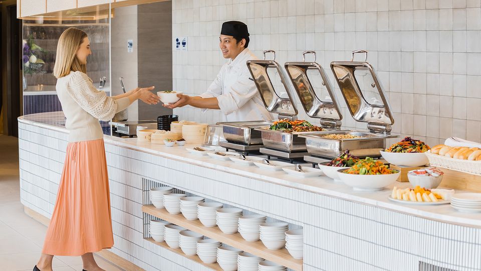 Fresh noodles and dumplings are available from the live-cooking station.