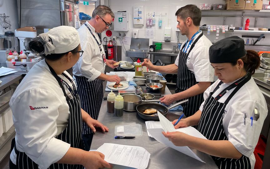 Chefs assemble to deliver the latest Qantas First Lounge menu.