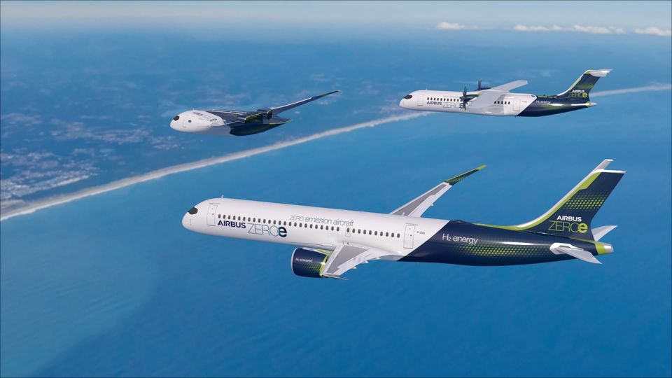 The three members of the Airbus ZEROe family.