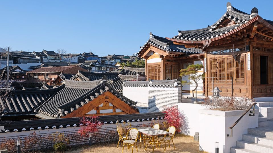 Gazing across the tiled rooftops from Bukchon Binkwan guesthouse.