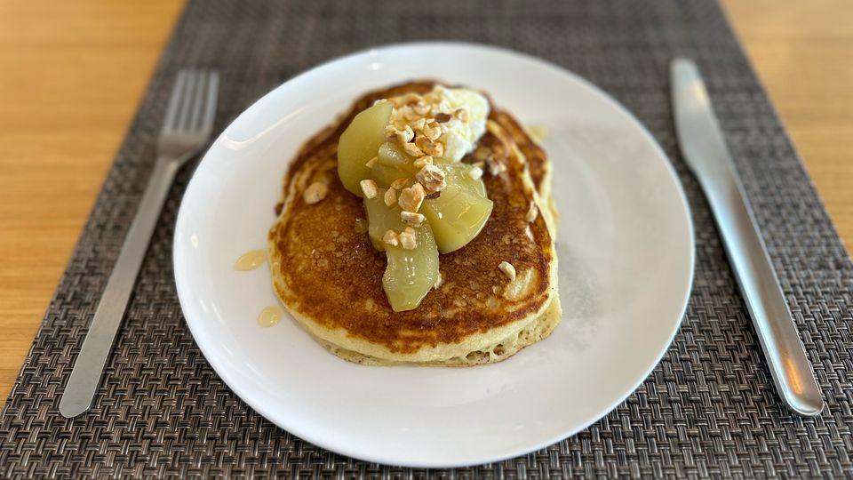 Qantas First Lounge Winter 2023 menu: buttermilk ricotta pancakes.