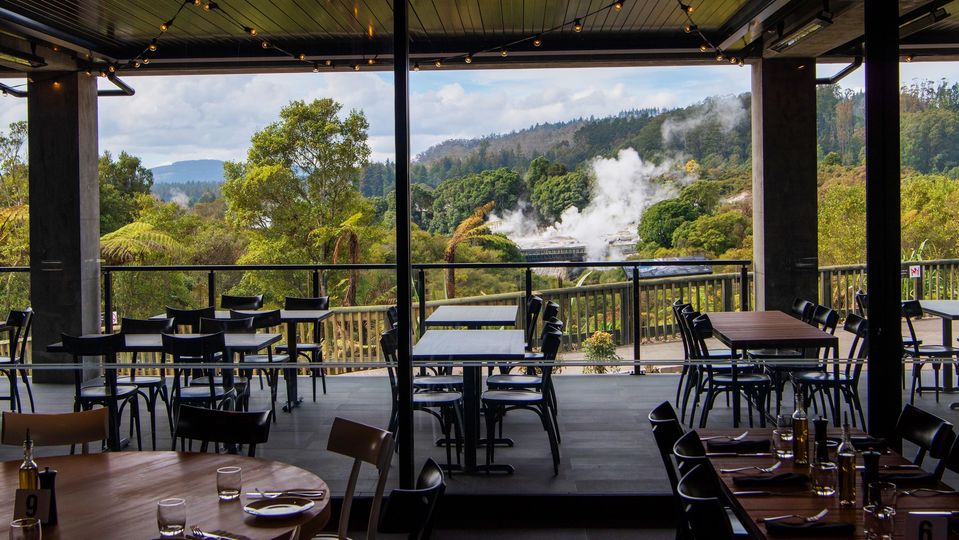 The restaurant overlooks Te Whakarewarewa Geothermal Valley.. Te Puia