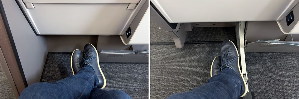 Legroom in row 10 (left) and 11 & 12 (right) in Cathay Pacific's A321neo business class.