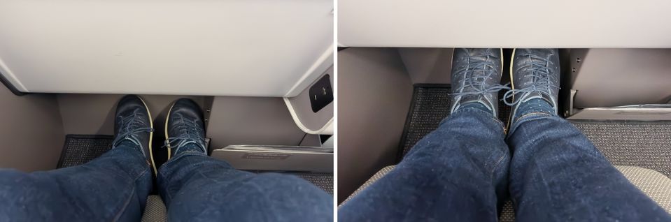 Row 10 of Cathay Pacific's A321neo business class proves a tight fit when reclining, compared to the two rows behind.