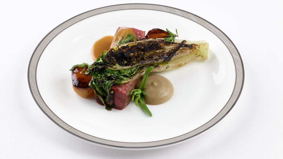 Lamb, sunchoke, grilled lettuce and mustard oil.. Steven Woodburn