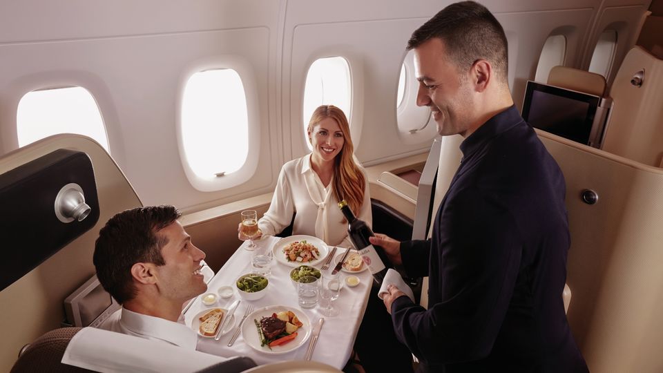 Companion dining in Qantas' A380 first class.