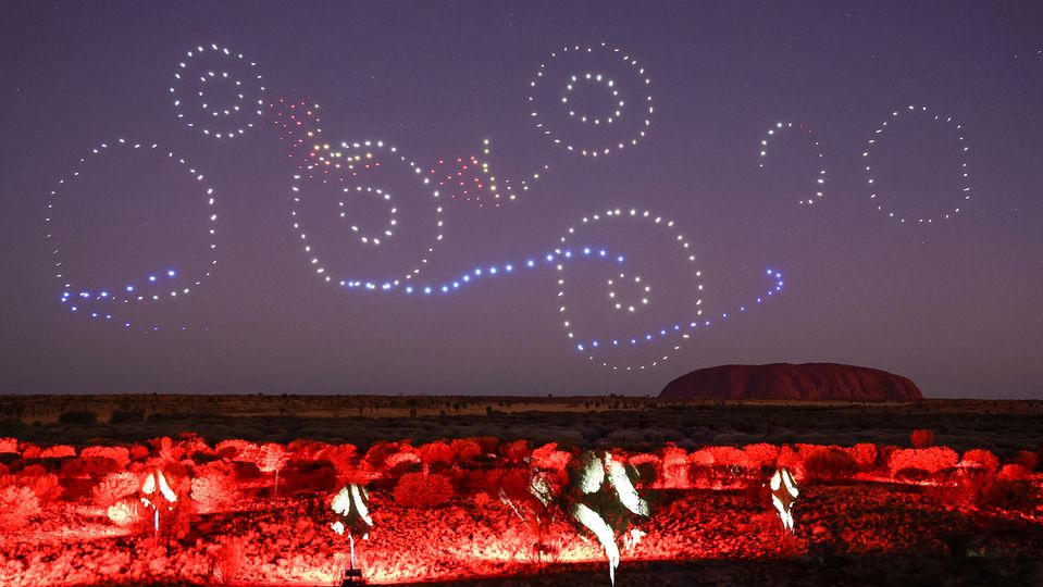 Wintjiru Wiru unites drones, lasers and projections, all tied together by a rousing soundtrack.. Voyages Indigenous Tourism Australia