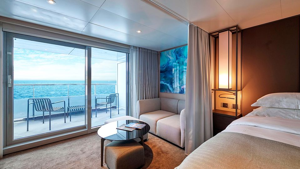 A sleek Verandah Suite onboard Scenic Eclipse II.