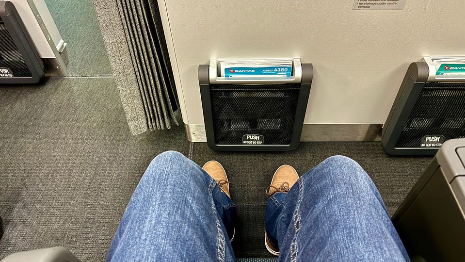 Qantas A380 premium economy footrests in the first row.