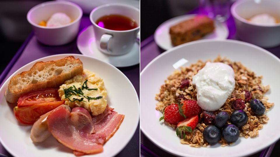 Bacon and eggs with Turkish bread; granola with berries and yoghurt.