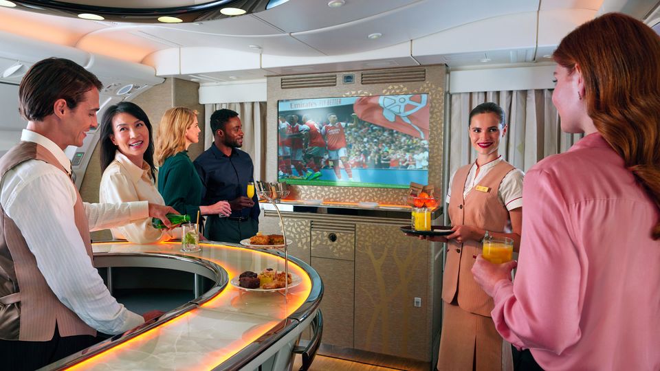 Snacks, drinks and conversation are all served up at Emirates' A380 bar.