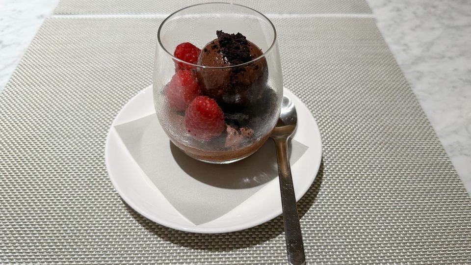 Chocolate mousse with raspberries and cocoa sorbet.