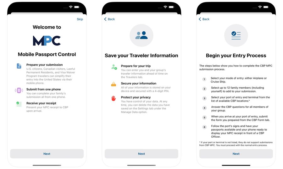 Screenshots of the Mobile Passport Control app.