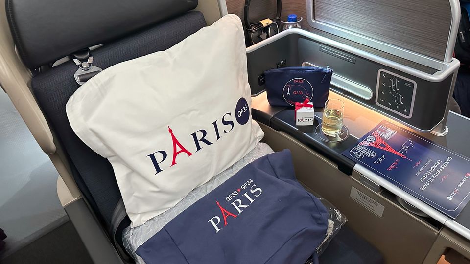 Our Qantas 787 flight to Paris saw the business class seats adorned with celebratory touches.
