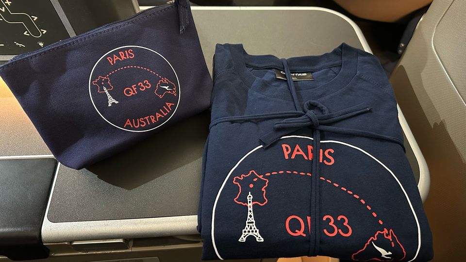 Limited edition Qantas Paris PJs and amenity kit.