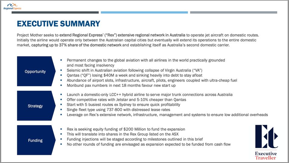 A slide from Rex's 'Project Mother' proposal to establish an intercity 737 jet network.